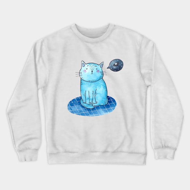 Blue Cat thinking about Space Crewneck Sweatshirt by Tania Tania